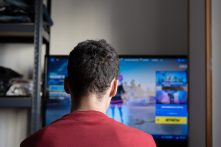 Rear view of a young guy gamer playing gamesの写真素材