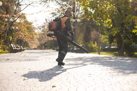 Blower cleaning from pavement leaves.の写真素材