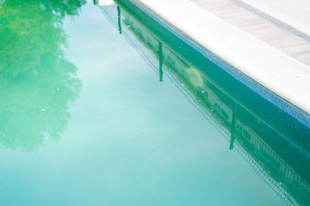 Swimming pool with dirty green water close-up.の写真素材