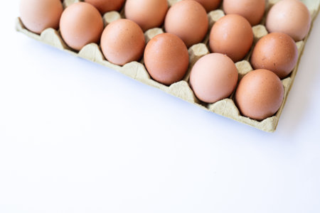 Fresh chicken brown eggs in a tray on a white background