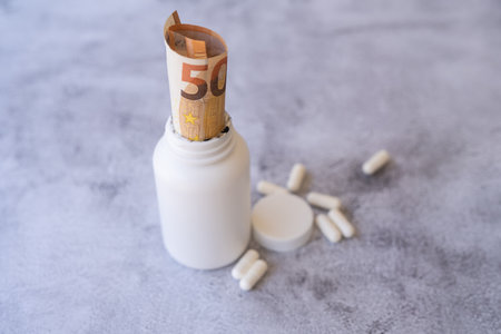 White jar with pills close-up on the background of the euro currency.の写真素材