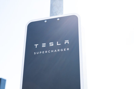Tarragona, Spain - September 27, 2023: Electric car charging station Tesla Supercharger.