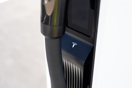Tarragona, Spain - September 27, 2023: Electric car charging station Tesla Supercharger.