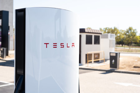 Tarragona, Spain - September 27, 2023: Electric car charging station Tesla Supercharger.