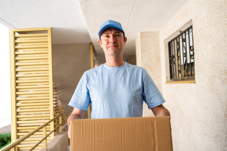 A male courier in a blue uniform with a parcel in his hands.