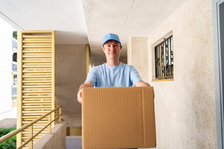 A male courier in a blue uniform with a parcel in his hands.の写真素材