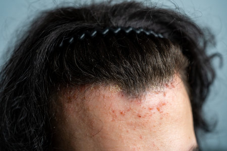 Close-up of a person s forehead with acne and irritation along the hairline, wearing a black hairband. Concept of skin problems, scalp issues, and dermatological care.の写真素材