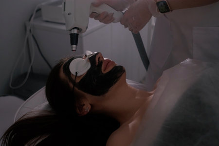 A woman is undergoing a carbon laser facial treatment. Her face is covered with a black carbon mask, protective goggles shield her eyes.の写真素材