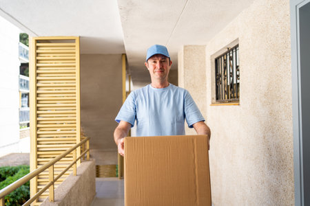 A male courier in a blue uniform with a parcel in his hands.の写真素材