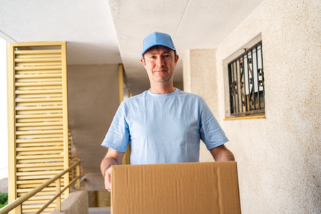A male courier in a blue uniform with a parcel in his hands.の写真素材