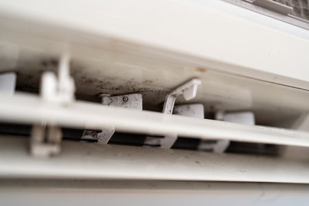 Mold on air conditioner close-up. Air conditioner maintenance and cleaning.の写真素材