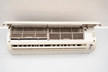 Dirty in dust and mold air conditioner filter close-up. Home air conditioner maintenanceの写真素材