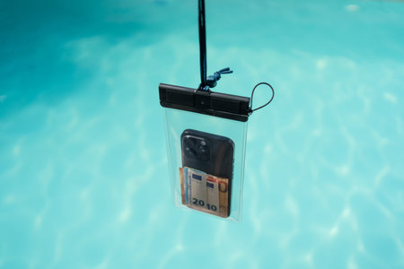 Waterproof case with money and a smartphone on the background of the pool on a sunny summer day
