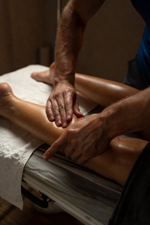 Close-up of a professional therapist giving a leg massage in a spa, applying oil and pressure with hands to relax muscles, improve circulation, and promote wellness in a calm environment.の写真素材