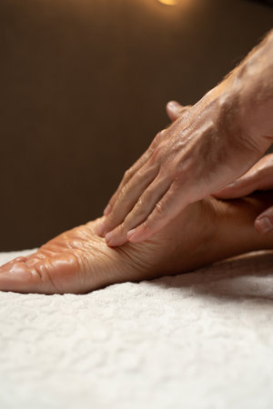 Close-up of a foot massage in a spa, therapist gently massaging the heel with oil, relaxation and wellness concept, warm light atmosphere, skin care and body therapy.の写真素材