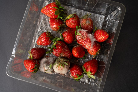 Strawberries rotting and growing mold inside a clear plastic package, illustrating concepts of...