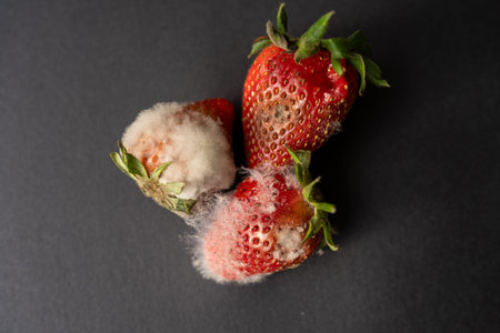 Group of strawberries covered in white fuzzy mold illustrating food spoilage, waste, and the natural...