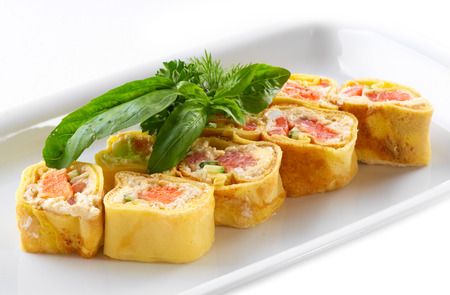 Delicious pancakes with salmonの写真素材