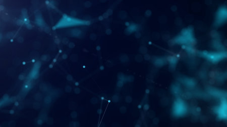 Shapes, dots and lines are connecting with shine on blurred background.