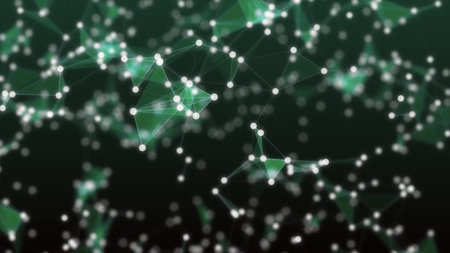 Abstract background, full of white dots, which are connected with white straight lines, on black...