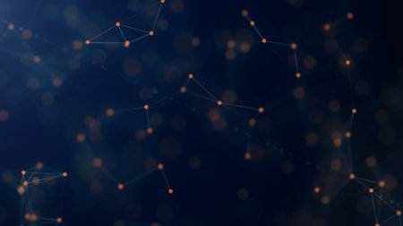 Shapes, dots and lines are connectied with shine on blurred background.
