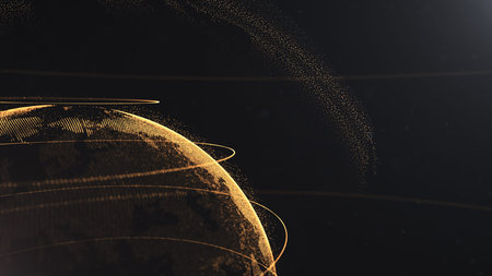 Abstract particle. Crop photo. Golden, orange planet inside the white veilted one, created of dots....