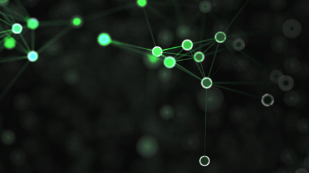 Abstract background, full of white dots, which are connected with white straight lines, on black brurred backdrop.の写真素材