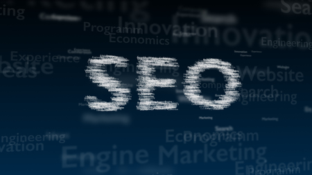 Deep blue background with different words, which deal with Search Engine Optimization. The bold shimering word is situated on the centre of composition. Close up. Copy space. 3D.の写真素材