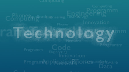 Light blue background with different words, which deal with technology. Close up. Copy space. 3D.の写真素材
