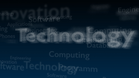 Deep blue background with different words, which deal with technology. Close up. Copy space. 3D.の写真素材