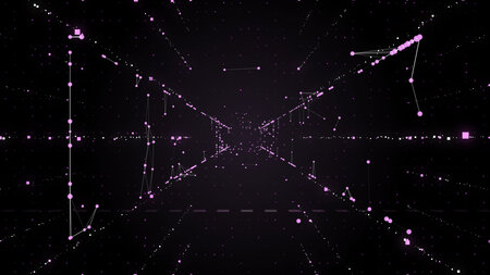 Concept of sci fi and space. Particles form lines and abstract grid of 3d rendering violet light...