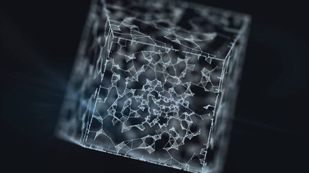 Encrypted emitting particles connected inside translucent cube on the dark background.の写真素材