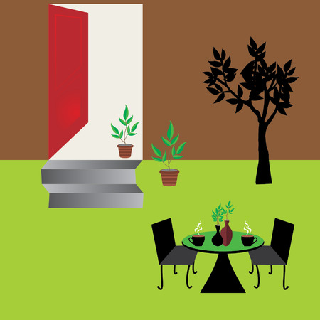 outdoor gardening concept with coffee tableのイラスト素材