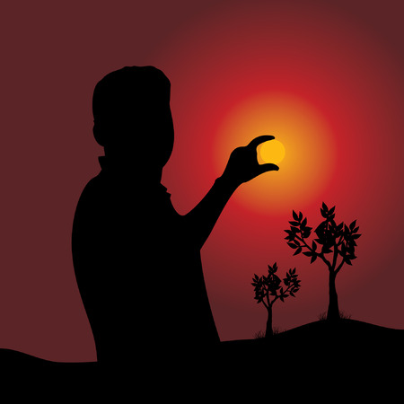 illustration of sunset view sun in hand of peopleのイラスト素材