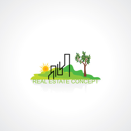 landscape green with building sun treeのイラスト素材