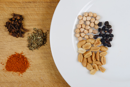 Spices on the table and a plateの写真素材