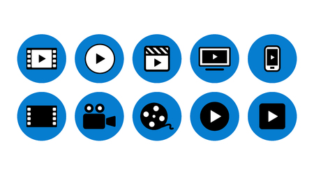 Video Movie VOD streaming button icon set vector illustration. Red blue yellow colorのイラスト素材