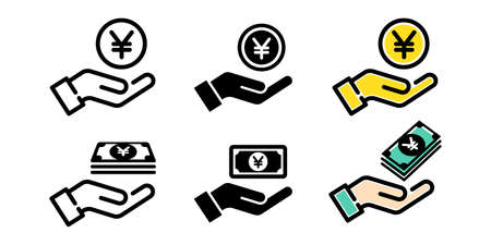 Hand holding money, vector icon illustration material set of payment image in Japanese Yenのイラスト素材