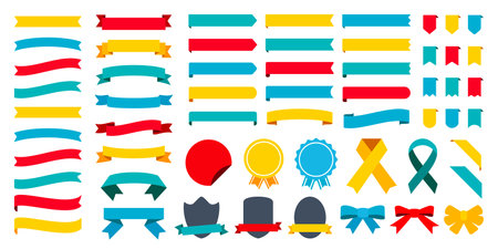 58 ribbons, headline title frame set. Red, blue, yellow, green variations vector illustration icon materialのイラスト素材