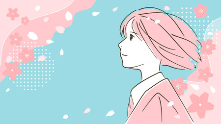 Celebration admission, graduation ceremony with dancing cherry blossoms, vector illustration material of high school girls looking at cherry blossomsのイラスト素材