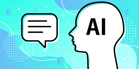 Artificial intelligence and chat, digital AI talks with its own brain. Vector illustration blue background materialのイラスト素材