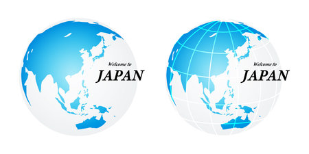 Simple blue globe icon, English text with Welcome to Japan. Global business design mark, illustration icon materialのイラスト素材