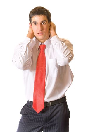 Isolated funny businessman in panic or very surprisedの写真素材