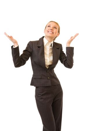 Portrait of young happy gesturing businesswoman, isolated on whiteの写真素材