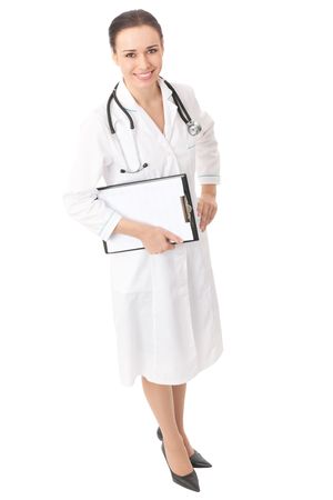 Full body portrait of doctor with clipboard, isolated on whiteの写真素材