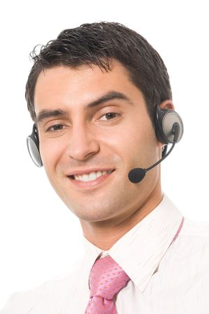 Support phone operator in headset, isolated on whiteの写真素材