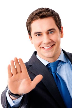 Happy gesturing businessman, isolated on whiteの写真素材