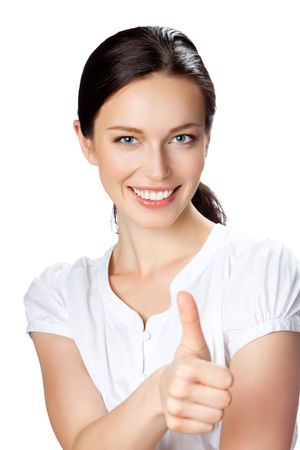 Happy businesswoman with thumbs up gesture, isolated on whiteの写真素材