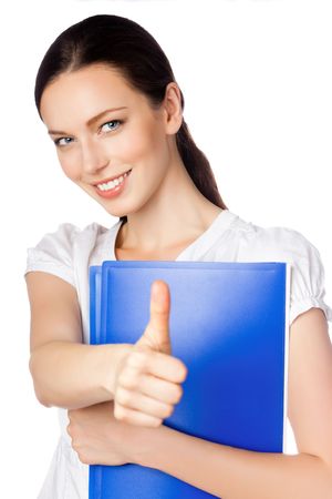 Happy businesswoman with thumbs up gesture, isolated on whiteの写真素材