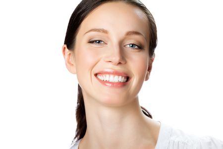 Portrait of smiling businesswoman, isolated on whiteの写真素材